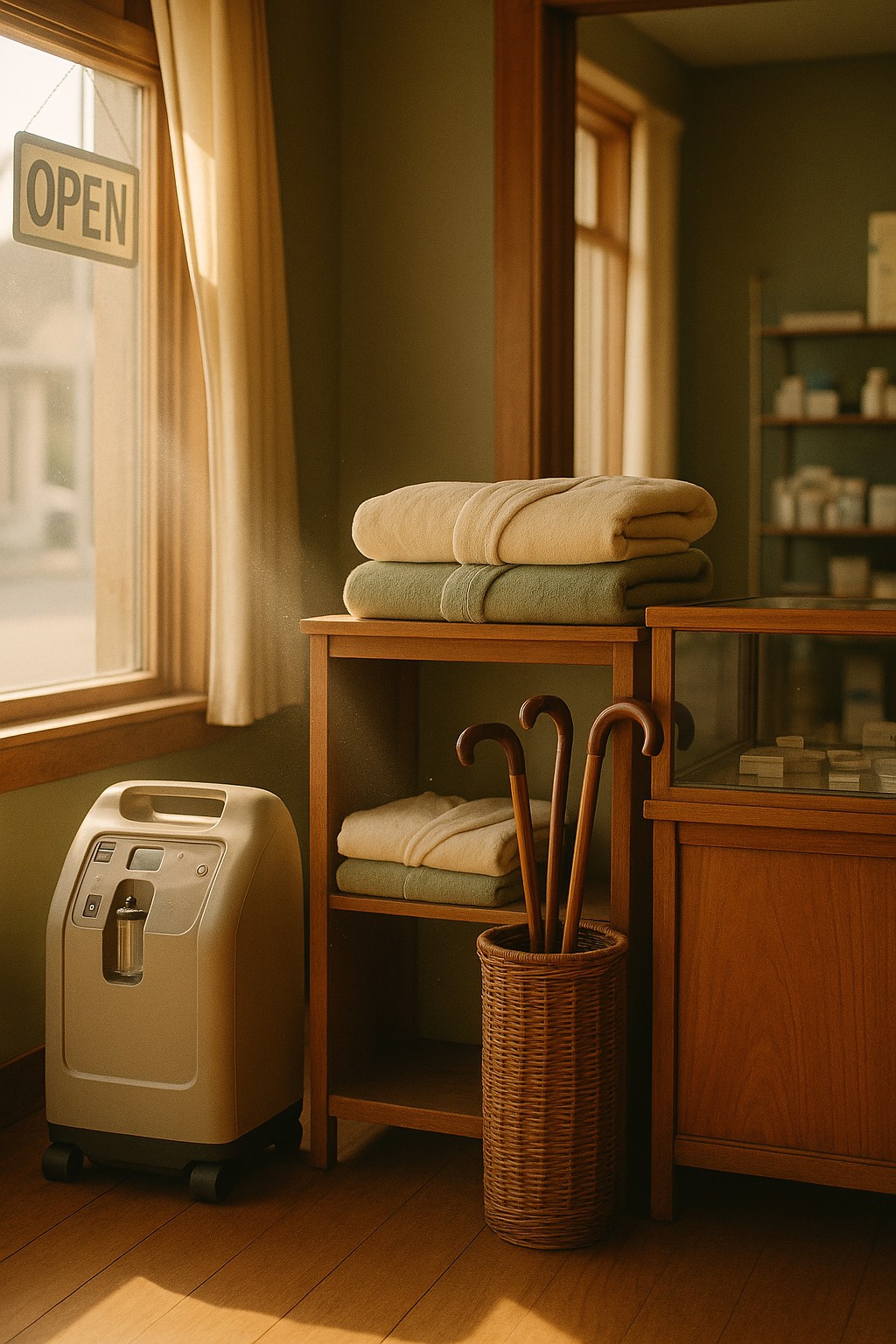 A warm, sunlit home-medical-equipment supply store on the Oregon coast, with an oxygen concentrator, folded robes, and canes